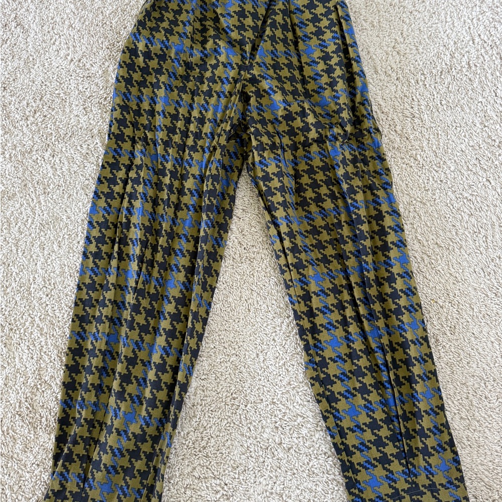 Houndstooth Patterned Pants in Blue and Green